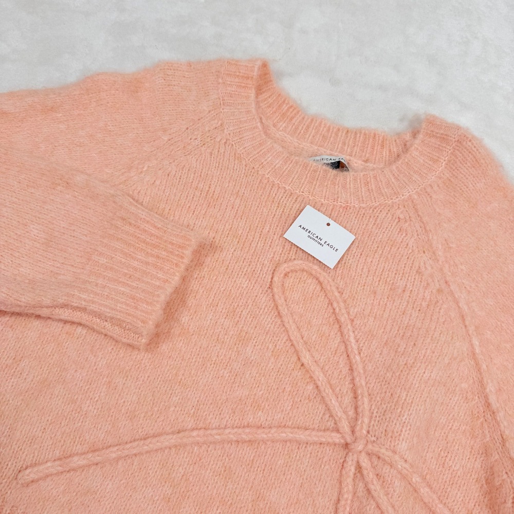 American Eagle Outfitters Women Peach Fuzzy Knit Sweater XL Cropped Bow Detail